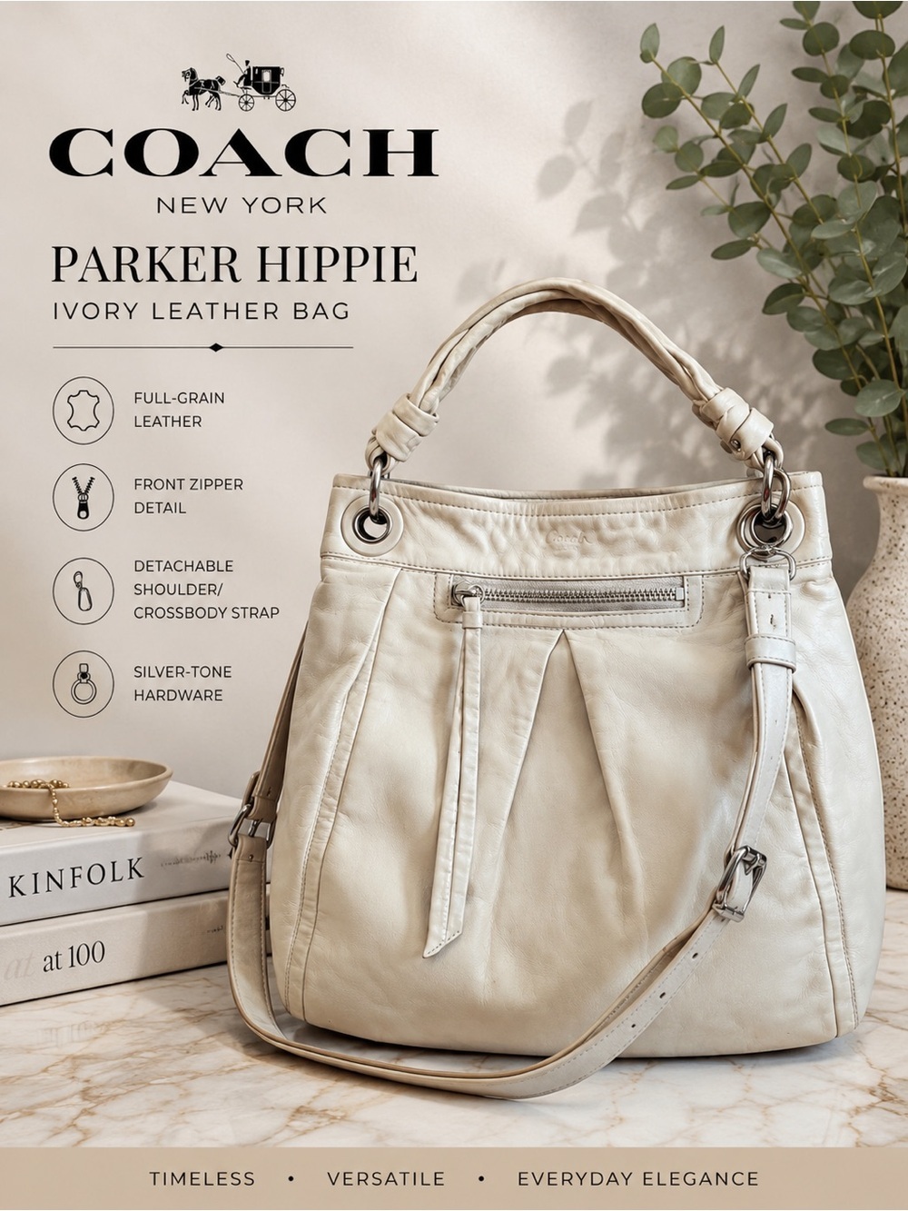 Coach Parker Hippie Ivory Leather Hobo Shoulder Crossbody Bag Silver Hardware
